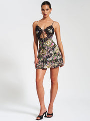 Floral Print Satin Mini Dress With Lace Trim