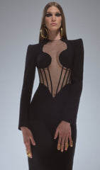 Black Mesh Corset Detail Bandage Long Dress