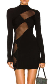Black O Neck Long Sleeve Bandage Mini Dress