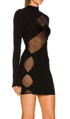 Black O Neck Long Sleeve Bandage Mini Dress
