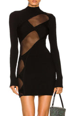 Black O Neck Long Sleeve Bandage Mini Dress