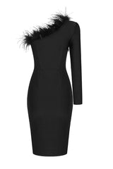 Black One-Shoulder Long Sleeve FeaTher Slits Mesh Bandage Dress