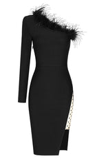 Black One-Shoulder Long Sleeve FeaTher Slits Mesh Bandage Dress