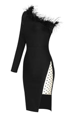 Black One-Shoulder Long Sleeve FeaTher Slits Mesh Bandage Dress