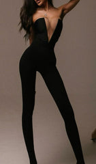 Black Strapless SLASH Neck Mesh Jumpsuit