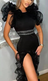 Black V Neck Ruffle Sleeveless Split Bandage Dress