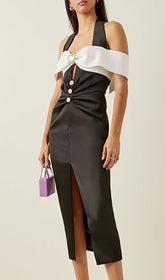 Black White Halter Cutout Draped Midi Dress