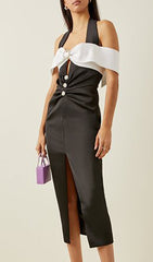 Black White Halter Cutout Draped Midi Dress