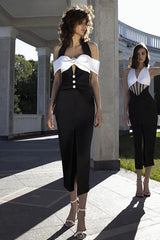 Black White Halter Cutout Draped Midi Dress