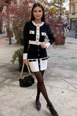 Black White Bandage Patchwork Long Sleeve Two Pieces Set