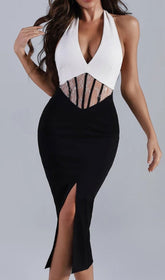 Patchwork Halter V Neck Lace Midi Dress