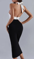 Patchwork Halter V Neck Lace Midi Dress