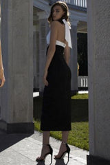 Patchwork Halter V Neck Lace Midi Dress