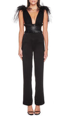 Deep V Neck Sleeveless Backless Lace Bow Mesh Jumpsuit