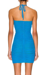 Blue Halter Cross Hollow Mini Dress