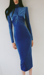 Blue Velvet Long Sleeve Cross KnotTeD Midi Dress