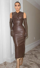Draped PU LeaTher Midi Dress