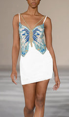 Butterfly Beaded Strappy Cocktail Mini Dress