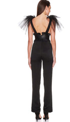 Deep V Neck Sleeveless Backless Lace Bow Mesh Jumpsuit