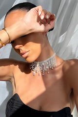 Silver Choker Diamante Tassel NeckLace