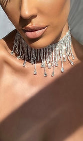 Silver Choker Diamante Tassel NeckLace