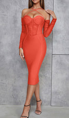 Corset Ruched Midi Dress In Red