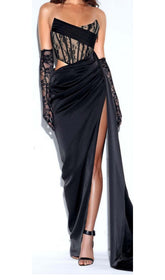 Corset Satin Pleated Maxi Dress In Black