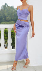 COWL Neck Satin Split Thigh Midi Dress In ORCHID