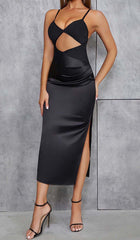 Cut Out Front Satin Cami Midi Dress In Black