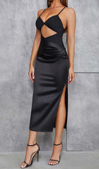 Cut Out Front Satin Cami Midi Dress In Black