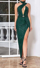 Cut Out Sequins Maxi Dress In Forest Green