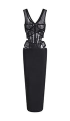 Cut-Out Tulle Corset Maxi Dress In Black