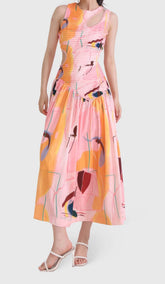 Cut Outs Round Neck Midi Dress In Multicolor