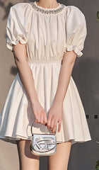 CYSTAL Neck Puff Sleeve Mini Dress