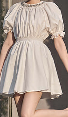 CYSTAL Neck Puff Sleeve Mini Dress