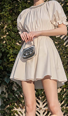 CYSTAL Neck Puff Sleeve Mini Dress