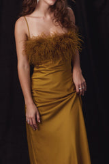 Chartreuse Strappy FeaTher-Trim Maxi Dress