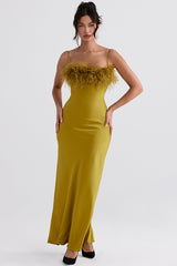 Chartreuse Strappy FeaTher-Trim Maxi Dress