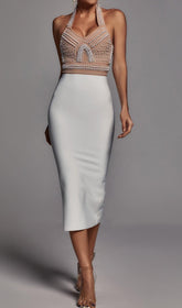 Beige Pearl Halter Bandage Midi Dress