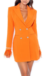 Quilla Orange FeaTher Crystal Sleeve Backless Blazer Dress