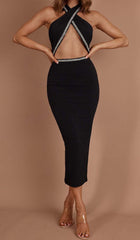 Diamante Trim Midi Dress In Black
