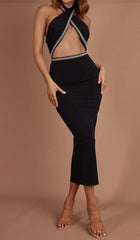 Diamante Trim Midi Dress In Black