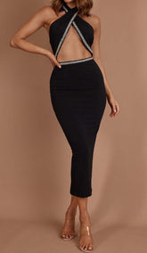 Diamante Trim Midi Dress In Black