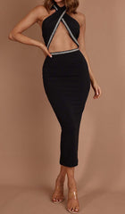 Diamante Trim Midi Dress In Black