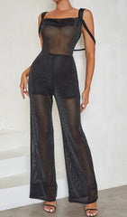 Diamante Mesh Jumpsuit In Black