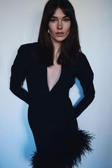 Deep V-Neck Long Sleeve FeaTher-Trim Mini Bandage Dress