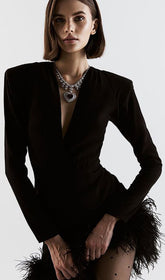 Deep V-Neck Long Sleeve FeaTher-Trim Mini Bandage Dress