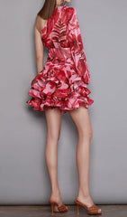 Red Diagonal Collar Floral Print Mini Dress