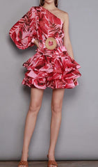 Red Diagonal Collar Floral Print Mini Dress