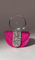 Satin Crystal Clutch In Hot Pink